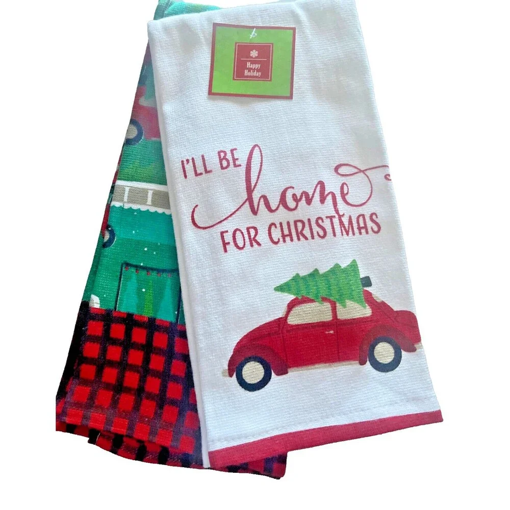 Christmas Hippie Bug Car Kitchen Dish Towels Set of 2 Holiday Red Green Cotton